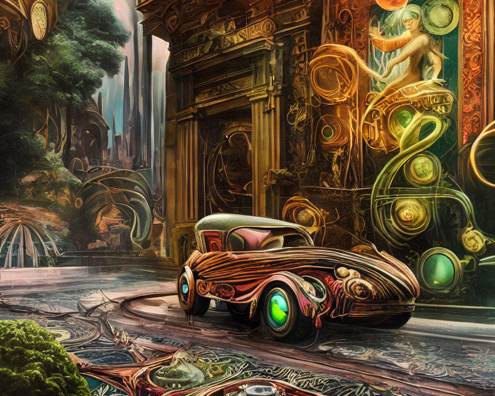 Vibrant surreal painting of classic car in fantastical scene