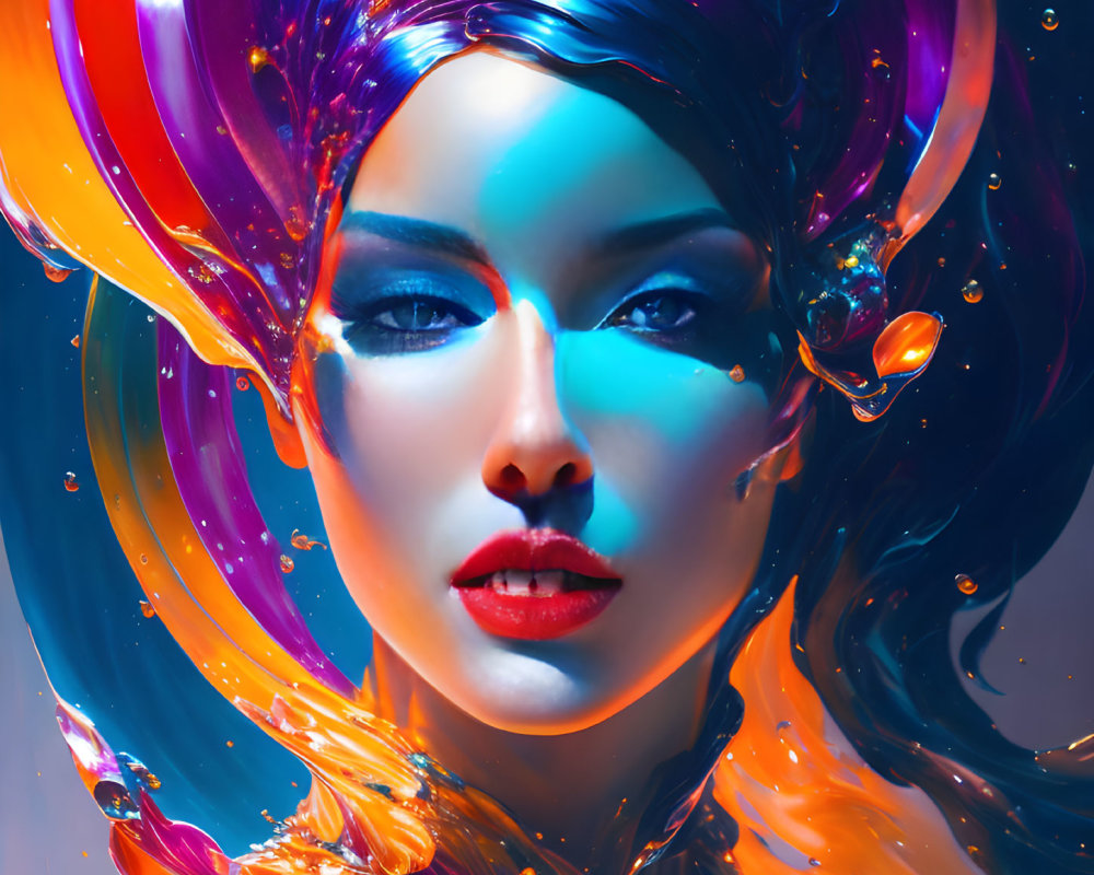 Colorful digital portrait of woman with liquid-like hair and makeup on blue background