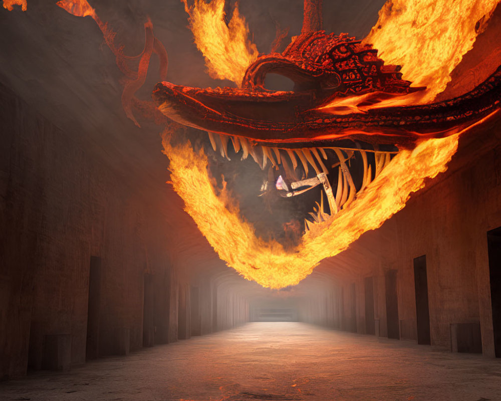 Fiery dragon breathing flames in dark corridor with towering columns