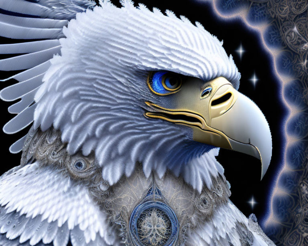 Majestic white eagle with blue eyes in cosmic setting