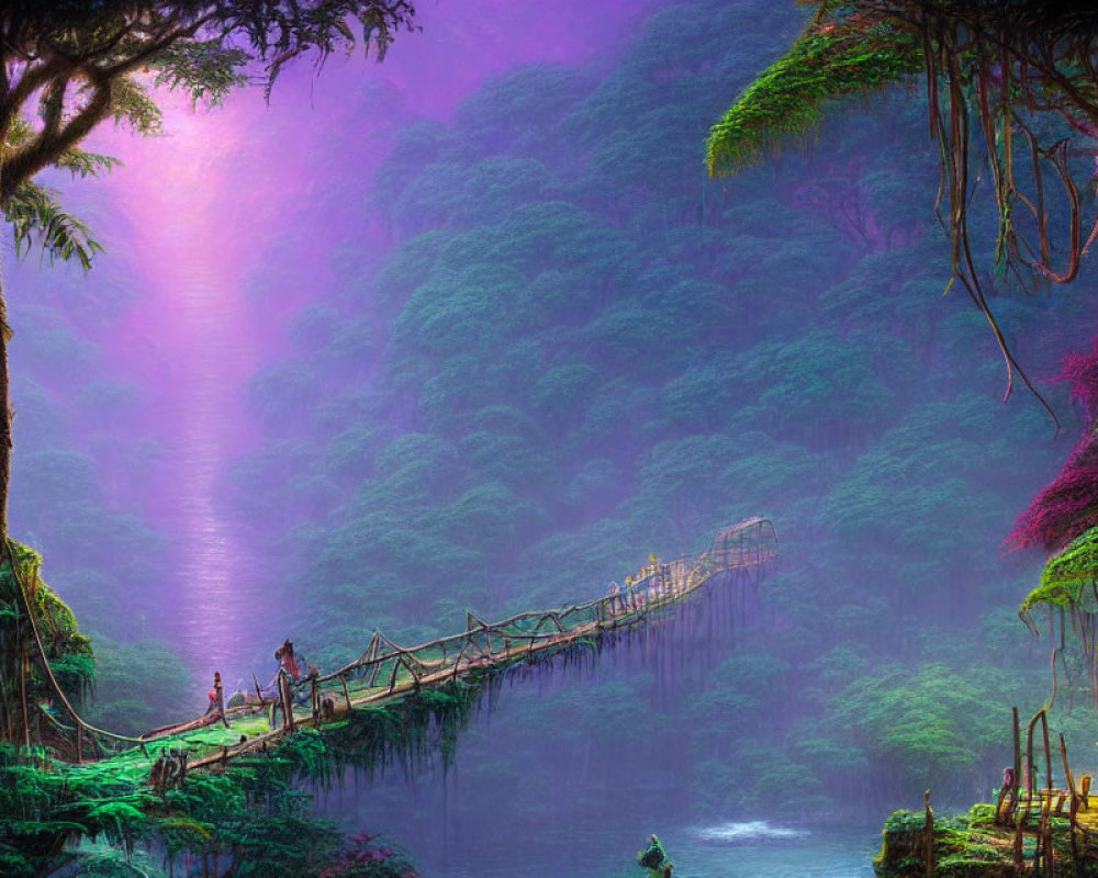 Person on wooden bridge in mystical forest with lush greenery and purple hues