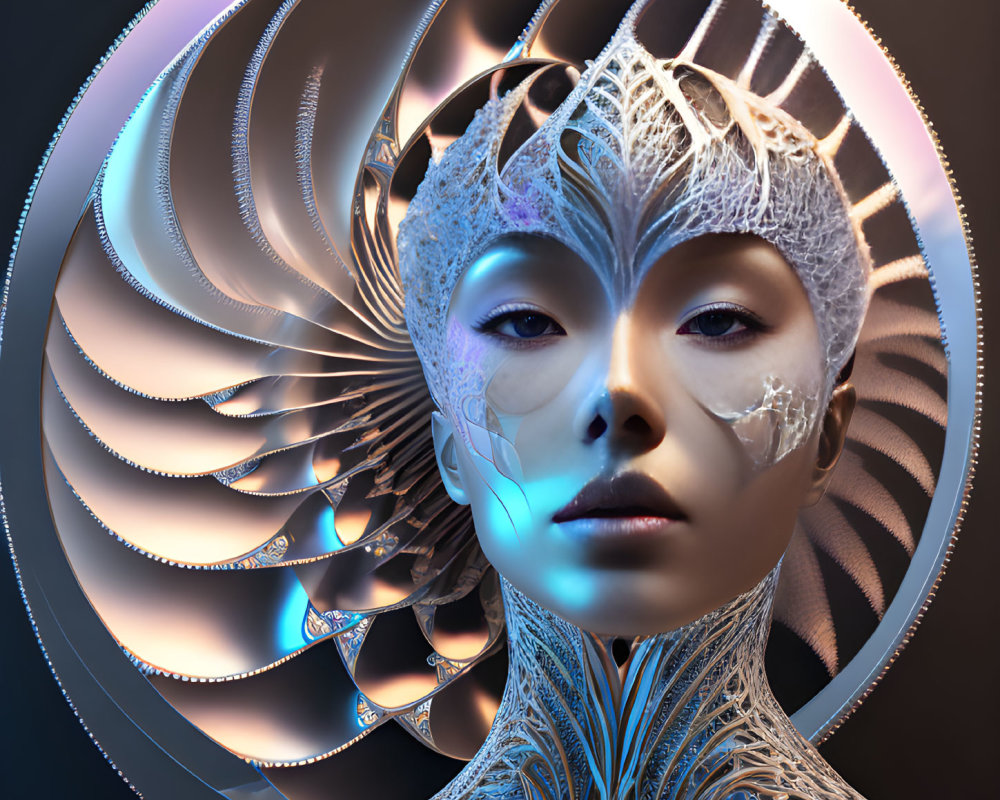 Digital art portrait of female figure with silver futuristic ornamentation against abstract backdrop