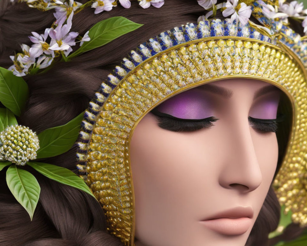 Woman with Closed Eyes in Floral Crown and Gem-Studded Headpiece surrounded by Green Leaves