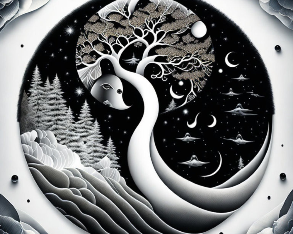 Detailed monochrome yin-yang symbol with natural elements in circular frame