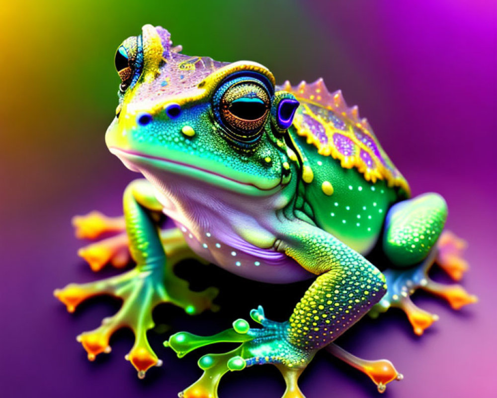 Vibrant Frog with Green, Yellow, and Orange Markings on Purple Gradient Background