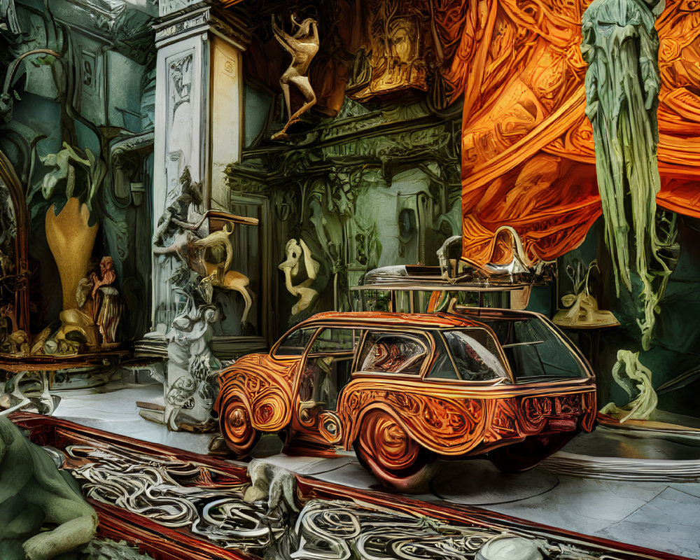 Vividly colored surreal image blending classical architecture with modern station wagon