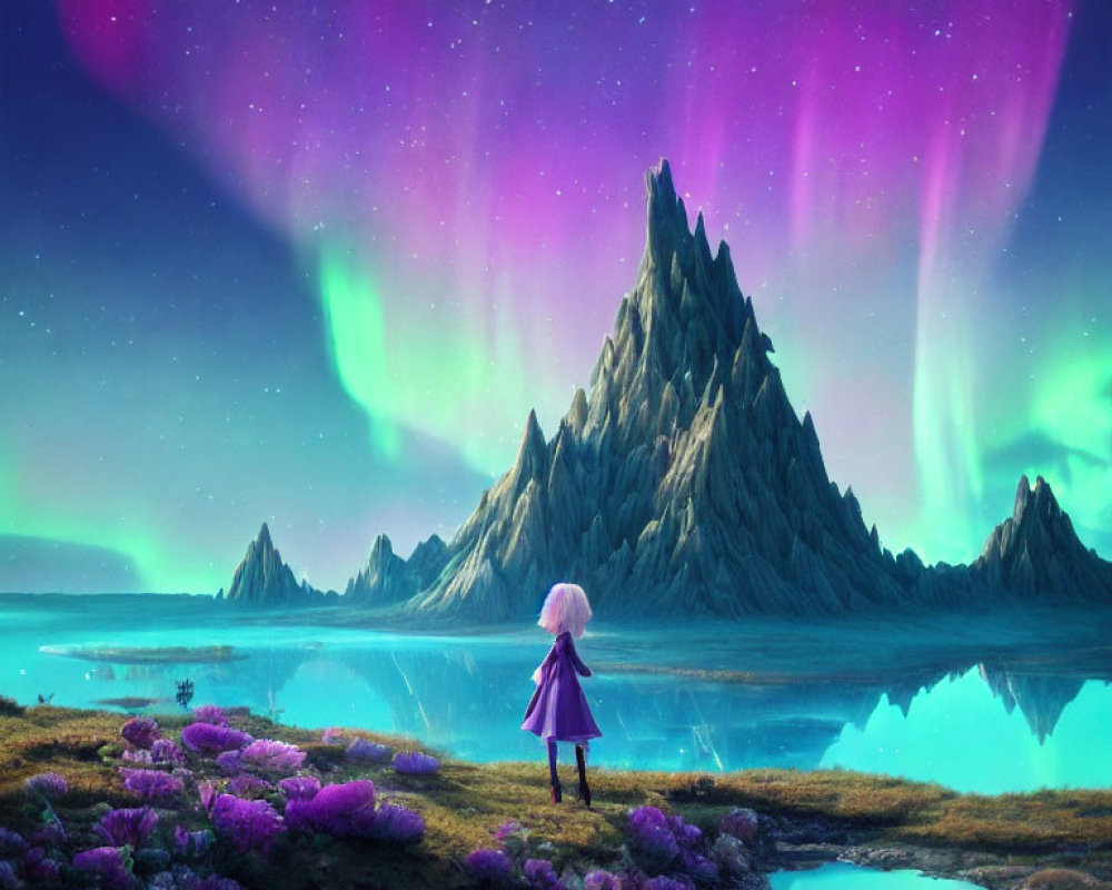 Pink-haired person admires mountain under aurora-lit sky by tranquil lake