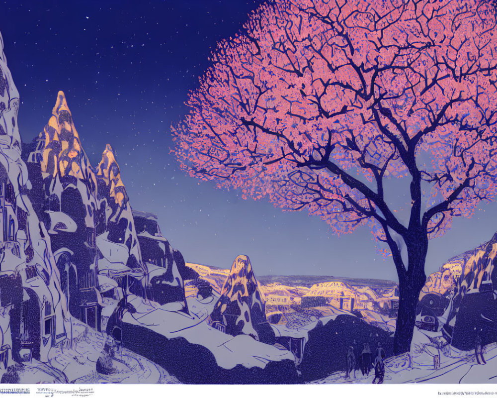 Vivid Pink Tree in Snowy Mountain Village Scene