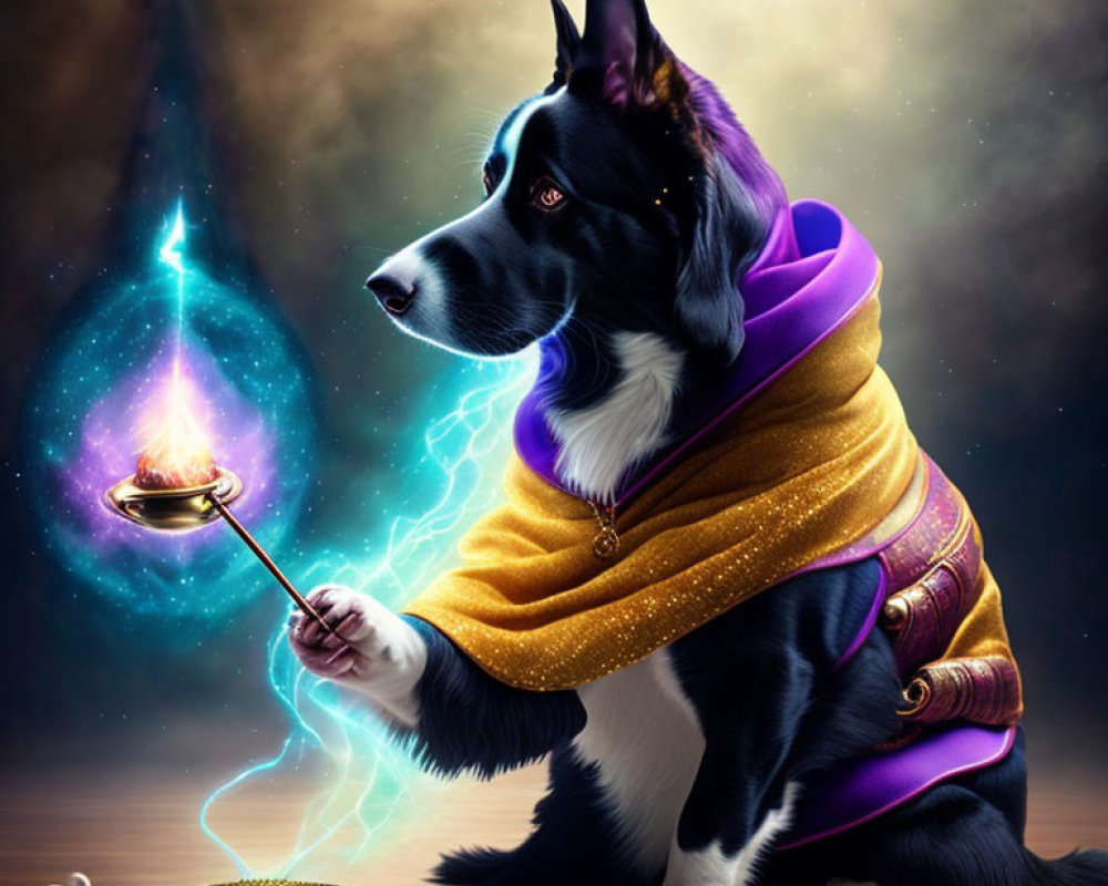 Mystical Border Collie in Purple Cloak Conjuring Blue Magic