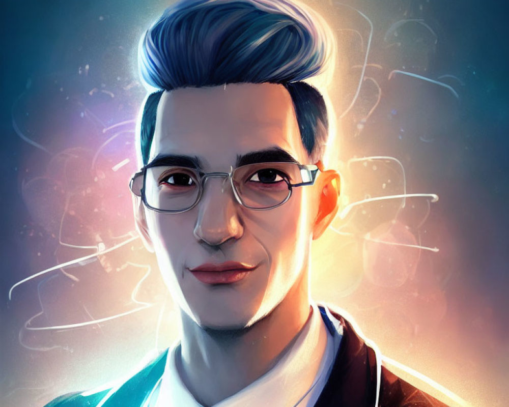 Man with Stylish Hair, Glasses, and Suit in Ethereal Setting