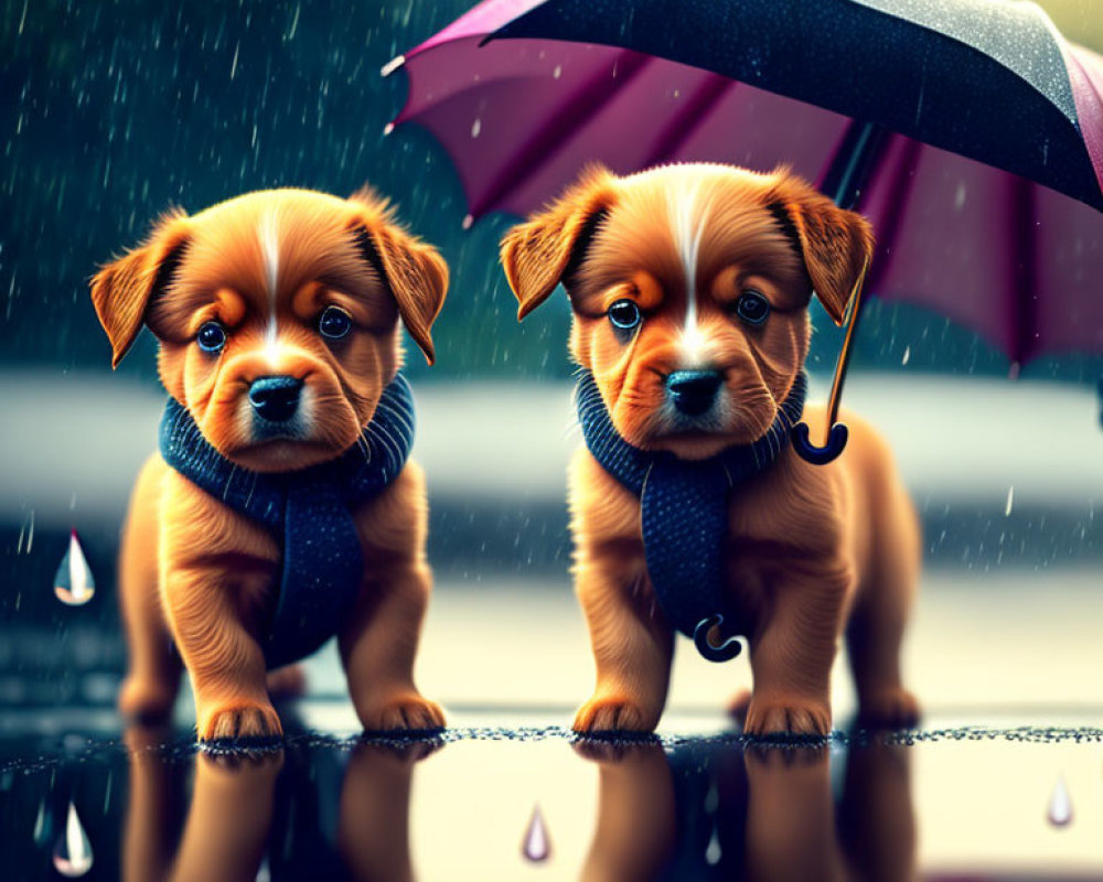 Two cute puppies with blue scarves under umbrella in rain