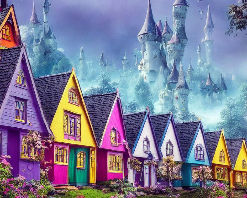 Colorful fairy-tale cottages and misty castle scenery