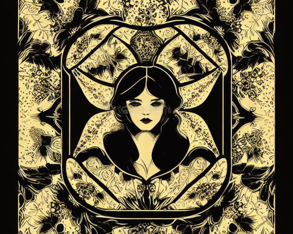 Symmetrical Art Nouveau illustration with central female figure and intricate floral patterns