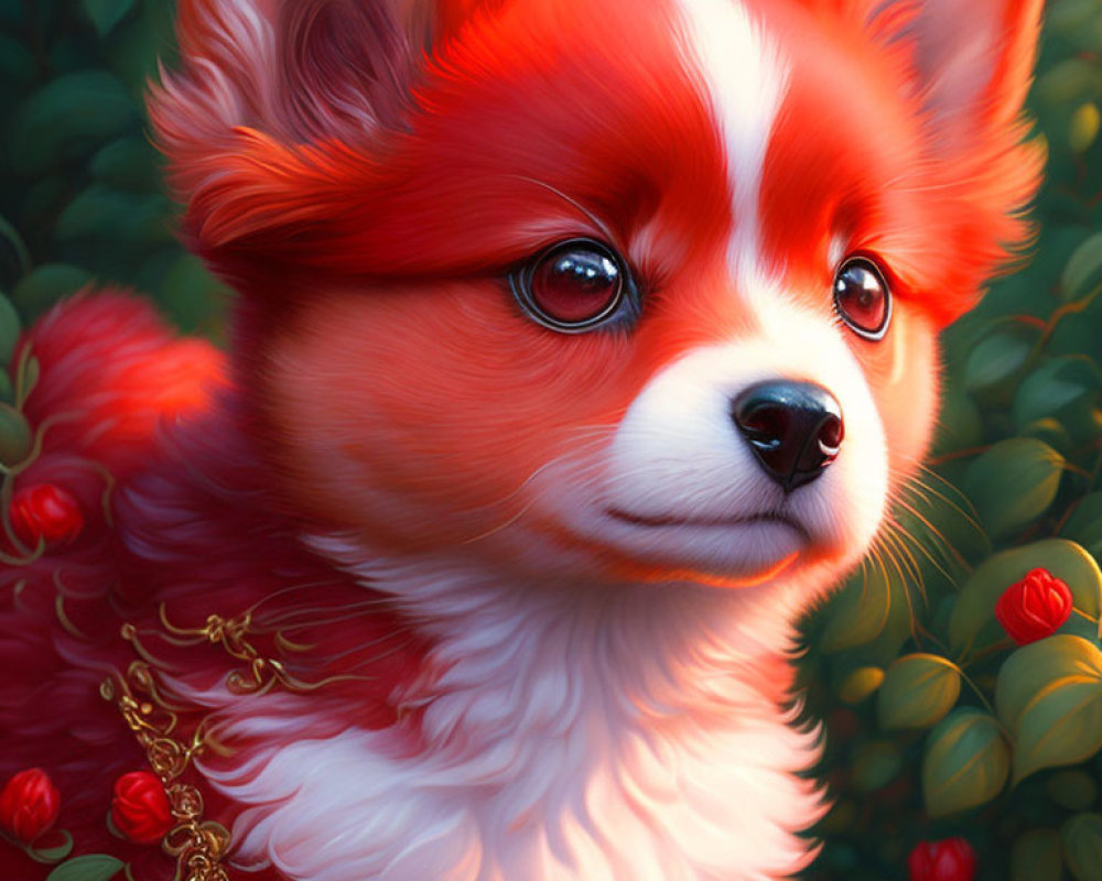 Red and White Pomeranian Puppy Digital Painting with Expressive Eyes and Golden Chain