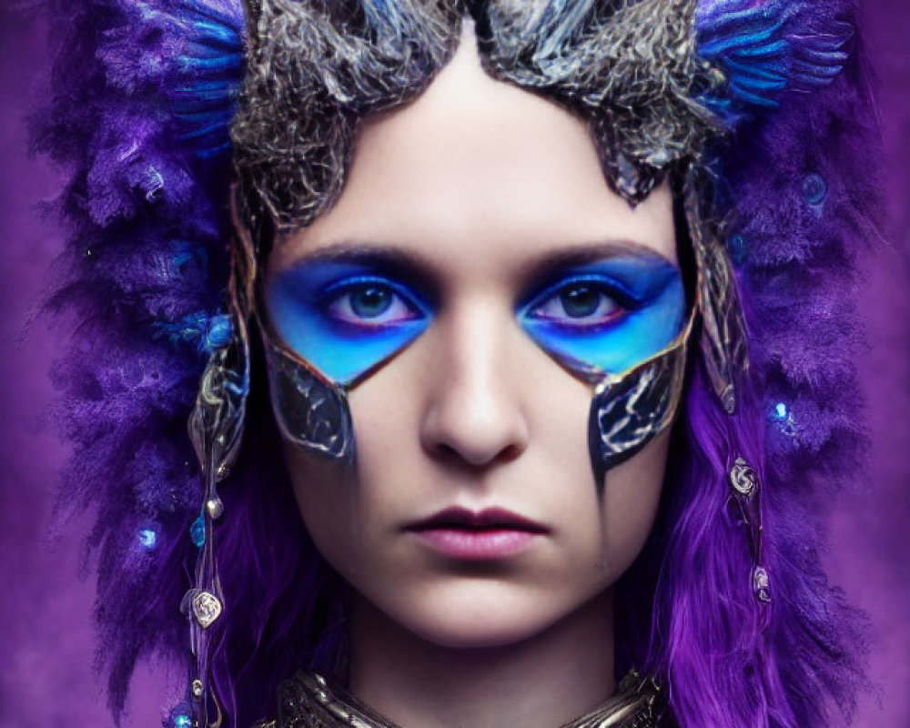 Person with blue face paint, purple hair, and elaborate headdress in fantasy portrait.