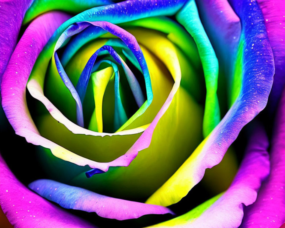 Multicolored Rose with Water Droplets in Blue, Green, Yellow, Purple