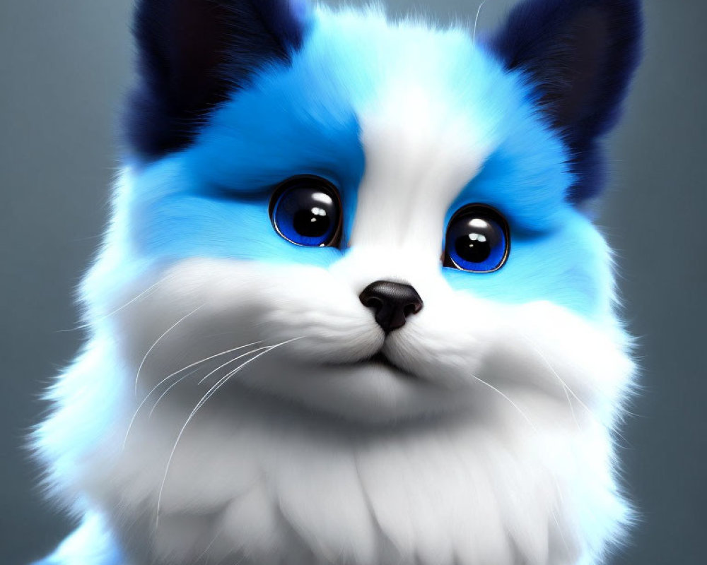 Stylized digital artwork of fluffy cat with blue and white fur