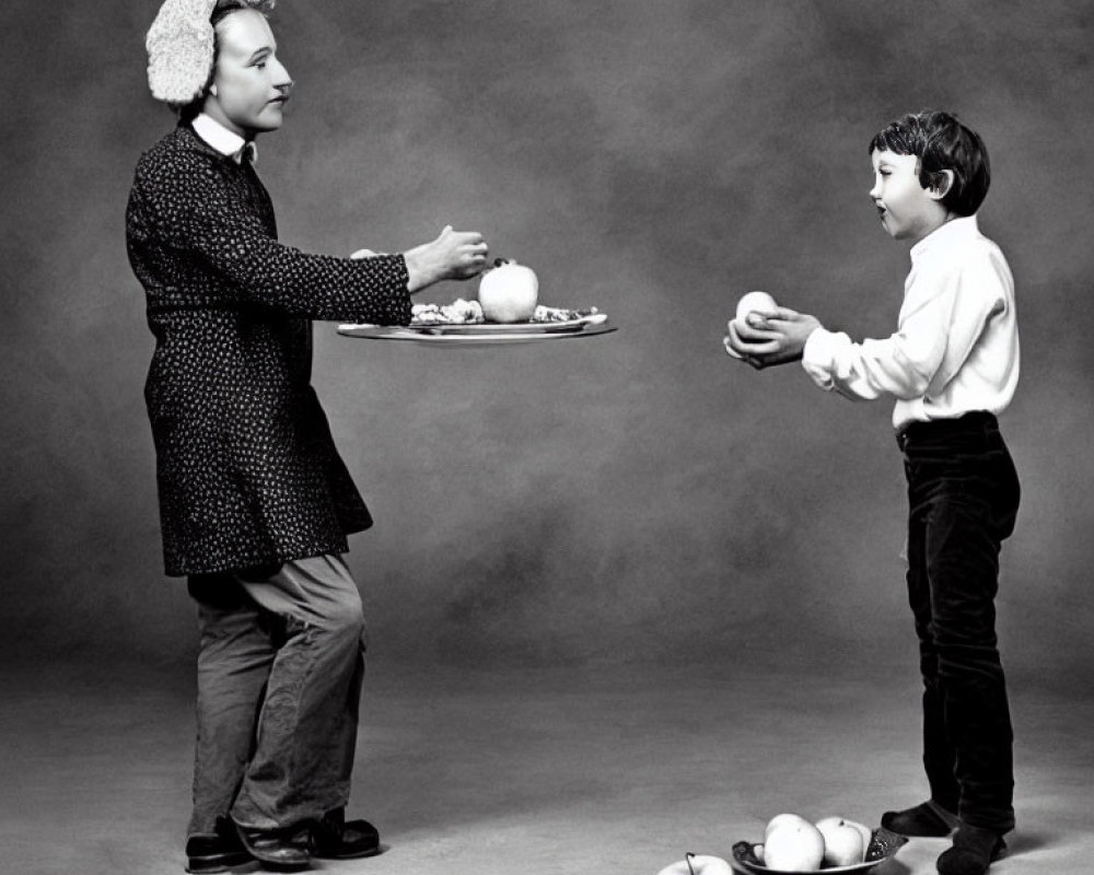 Adult in textured coat offers fruit to child in fluffy hat.