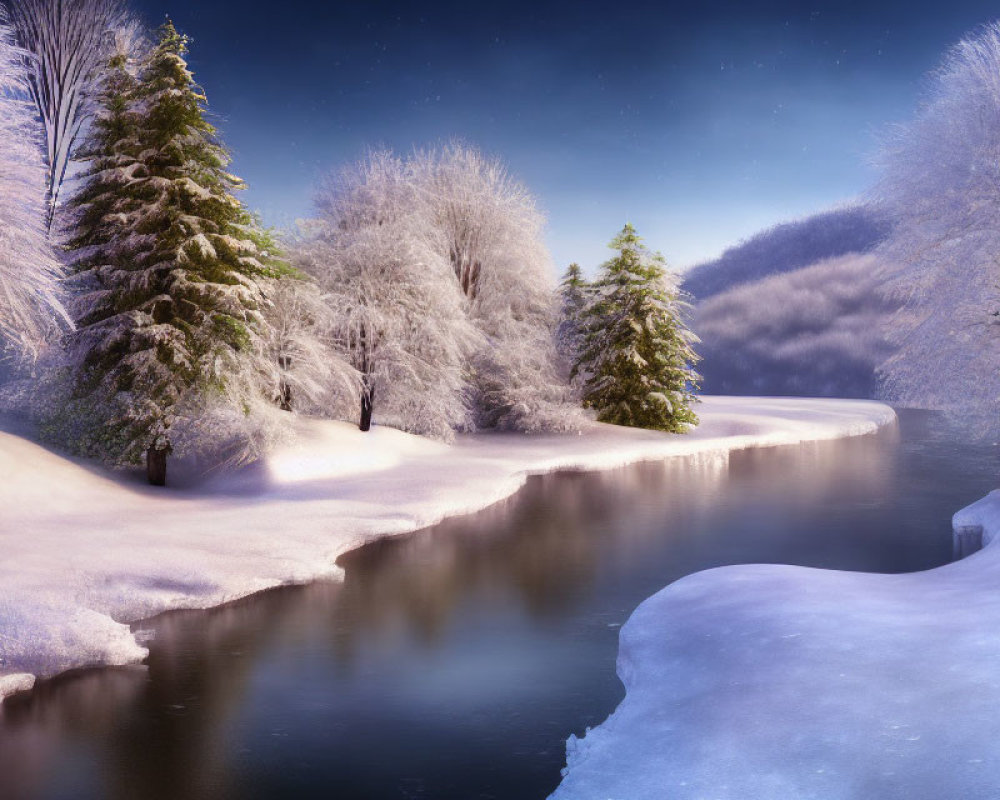 Snow-covered trees and river in serene winter scene