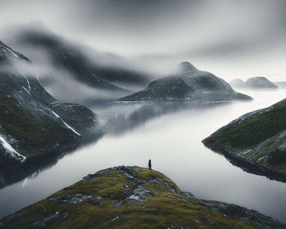 Solitary figure on grassy outcrop overlooking misty fjord and mountains