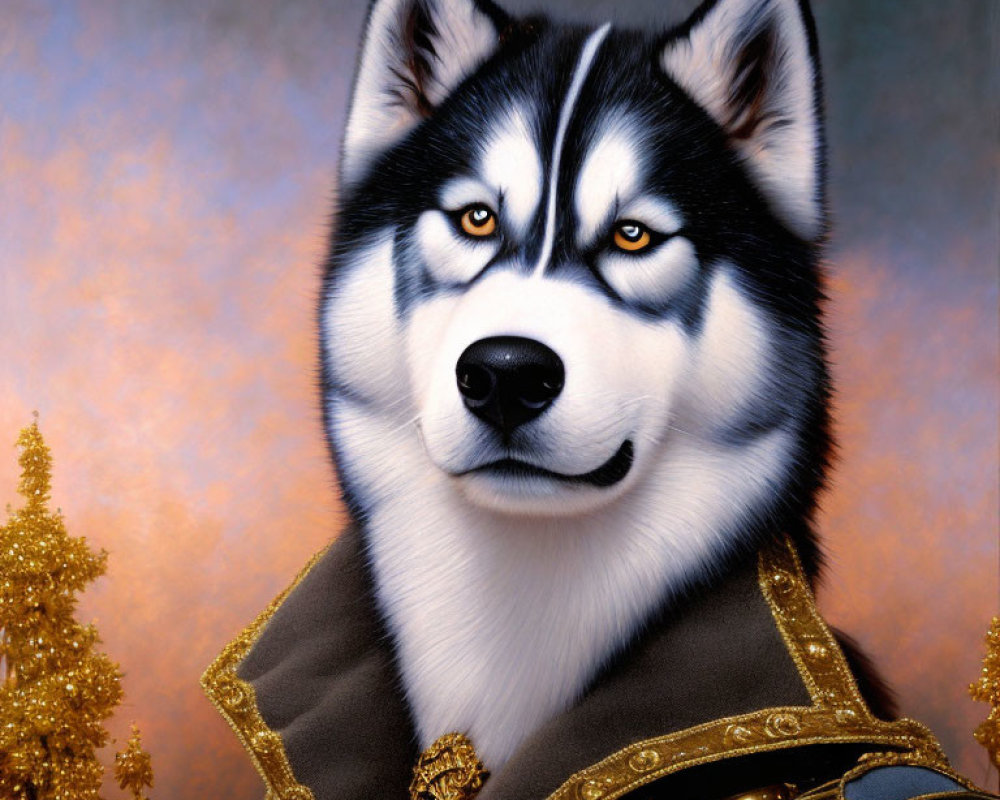 Majestic Husky with blue eyes in aristocratic attire against golden backdrop