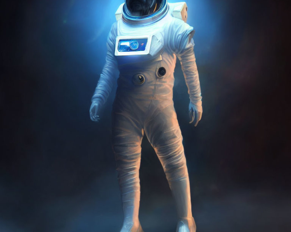 White space suit astronaut in blue-lit smoky background