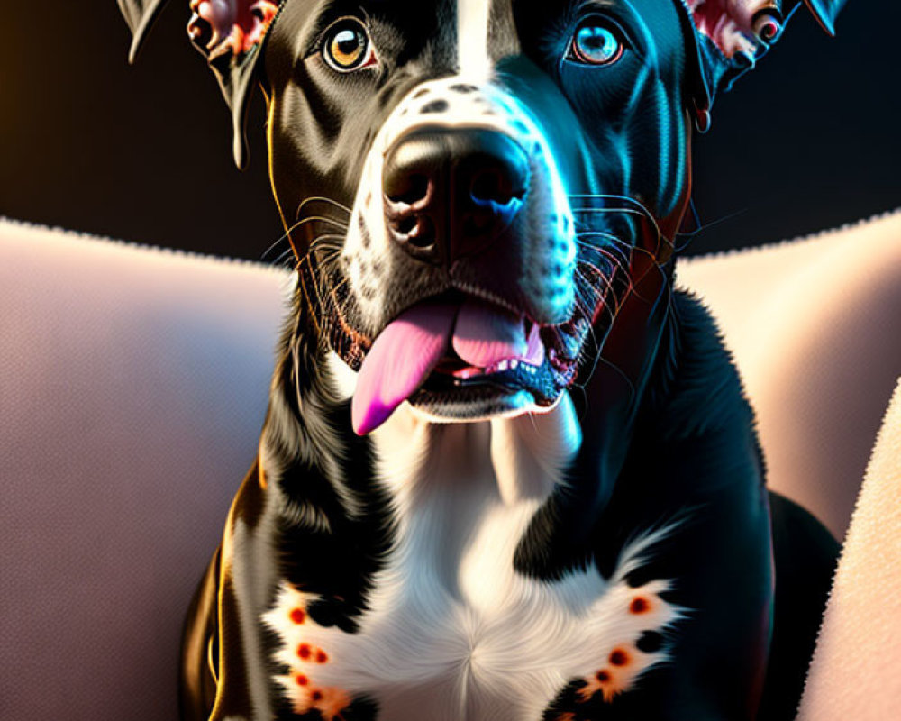 Colorful digital image of a dog with black and white fur, blue eyes, and pink tongue on