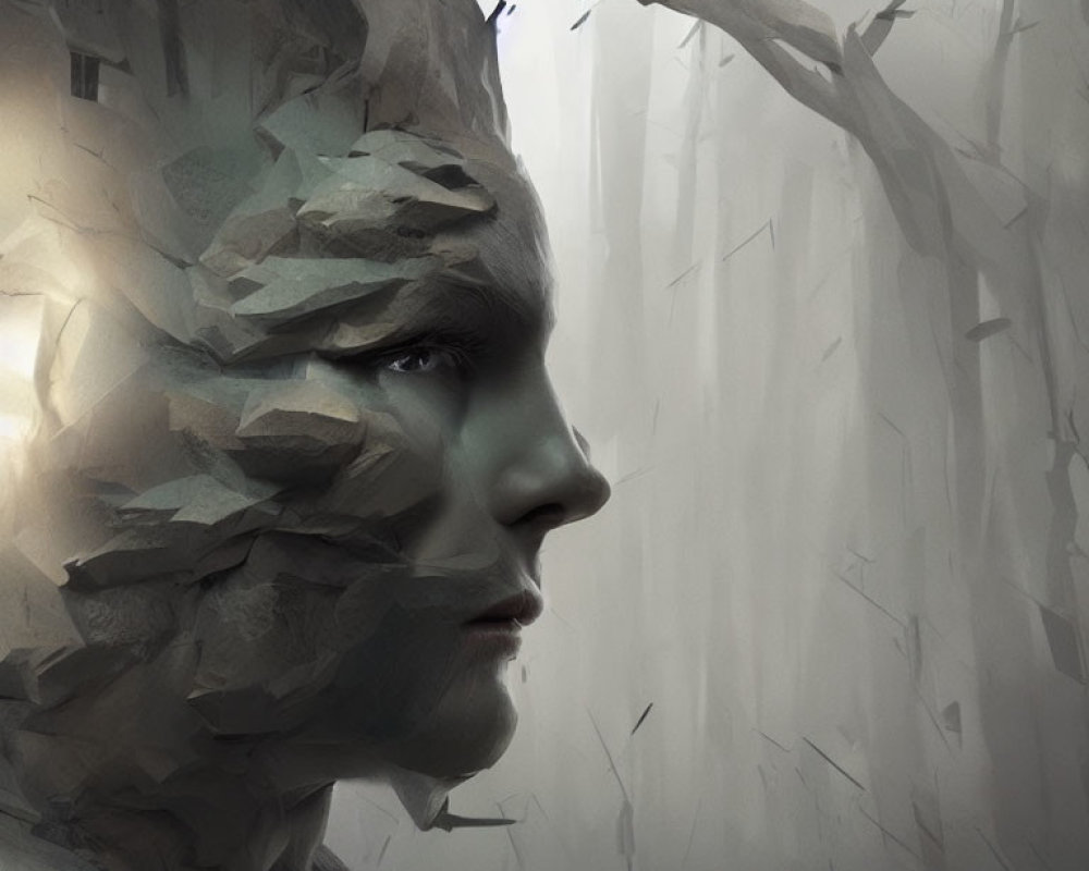 Stone-textured face blending with misty tree background in a mystical scene