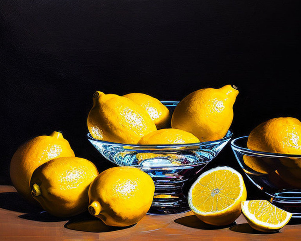 Ripe yellow lemons in glass bowls on dark surface.