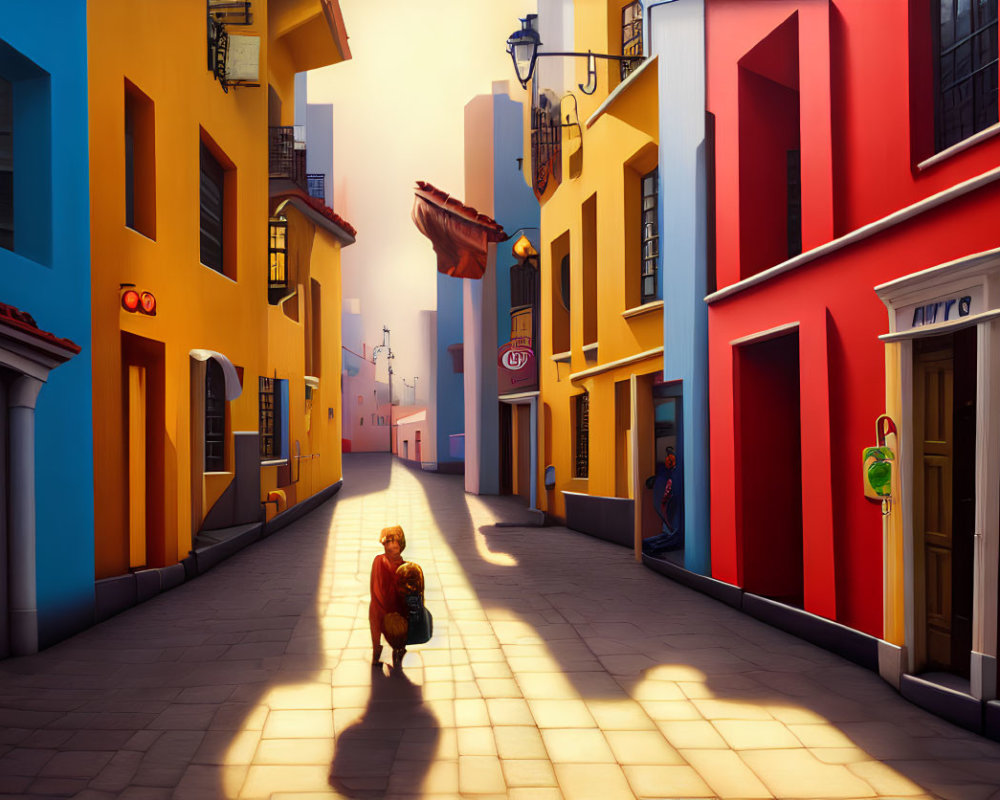 Child walking in colorful sunlit alley with blue and red buildings and hanging laundry.