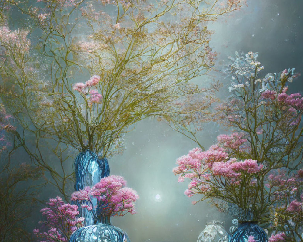 Pink Flowering Trees and Blue Vases in Dreamy Garden Scene