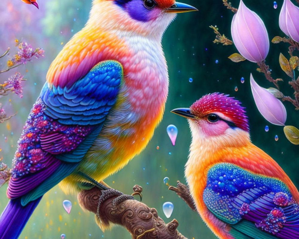 Colorful Stylized Birds on Branch with Fantasy Background