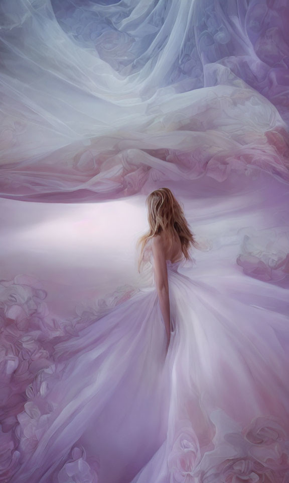 Woman in Pink Gown Walking Towards Light in Dreamy Setting