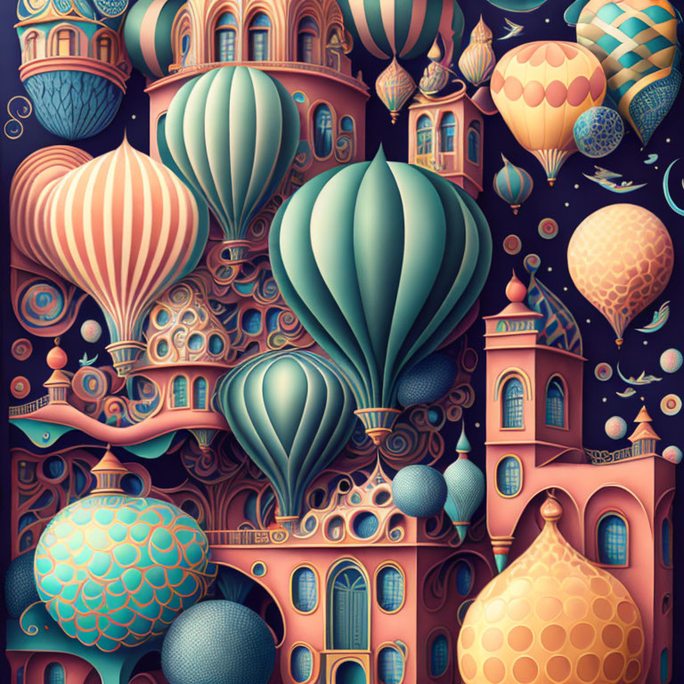 Fantastical building with colorful hot air balloons and intricate patterns