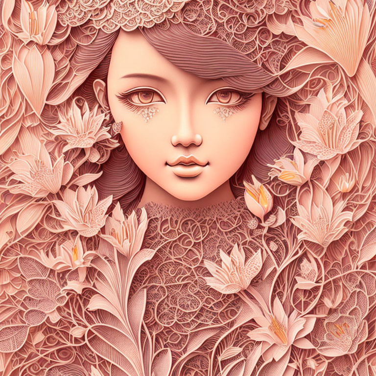 Detailed Monochromatic Woman Illustration with Floral Patterns