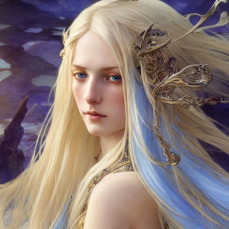 Ethereal woman with long blonde hair and ornate headpiece