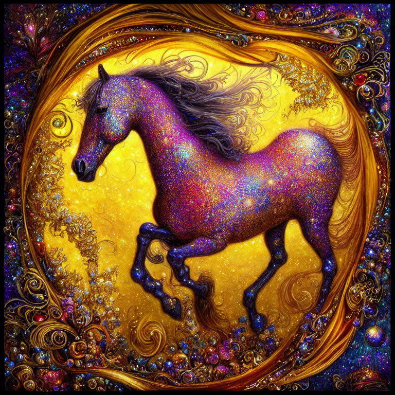 Colorful Sparkling Horse Galloping in Ornate Golden Artwork