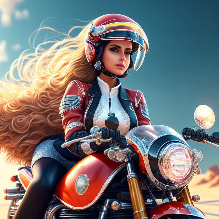 Woman in red and white motorcycle outfit on classic bike under blue sky