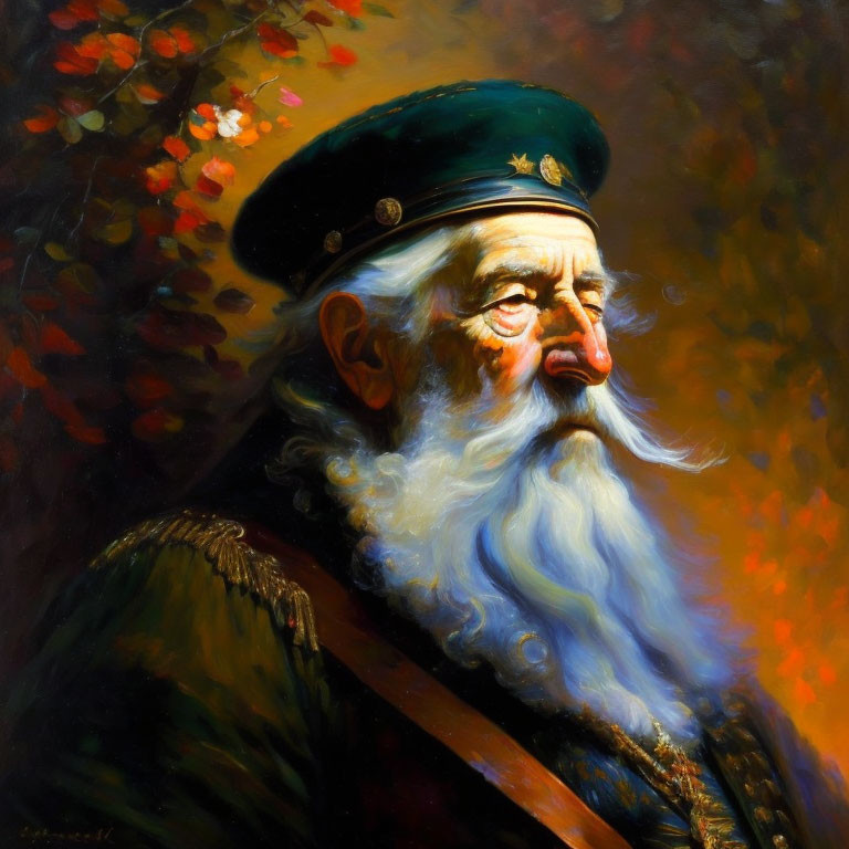 Elderly Man in Military Uniform with White Beard in Autumn Setting