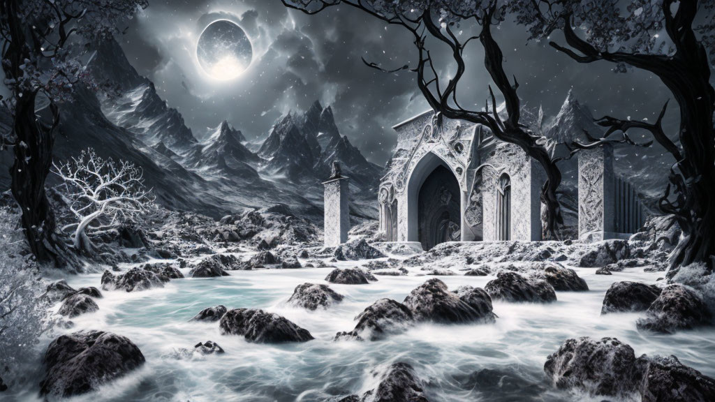 Mystical winter night scene: ancient archway, flowing river, snow-covered trees, rocky terrain