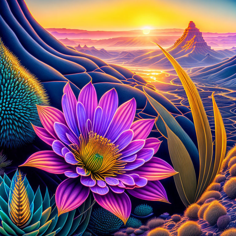 Colorful digital art: Sunset landscape with purple flower & cactus plants