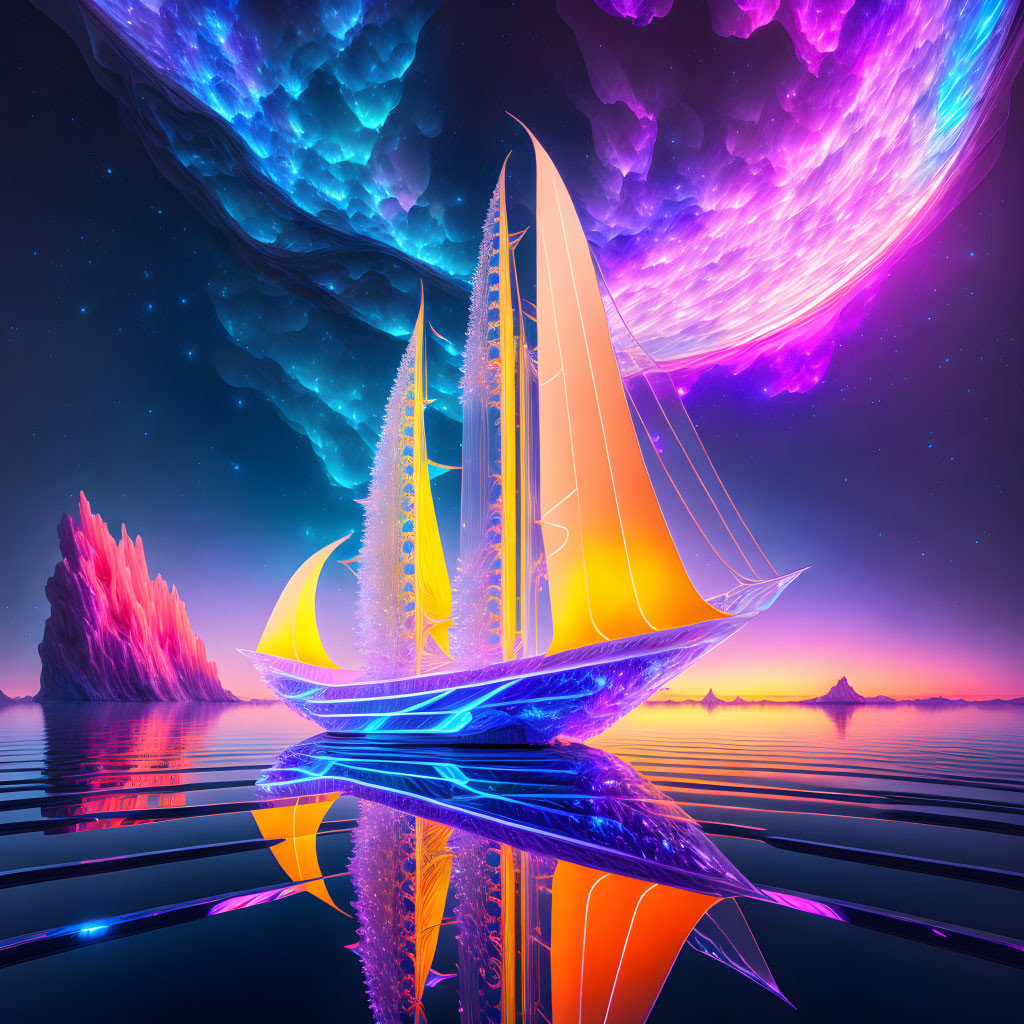 Futuristic sailboat under vibrant galaxy sky