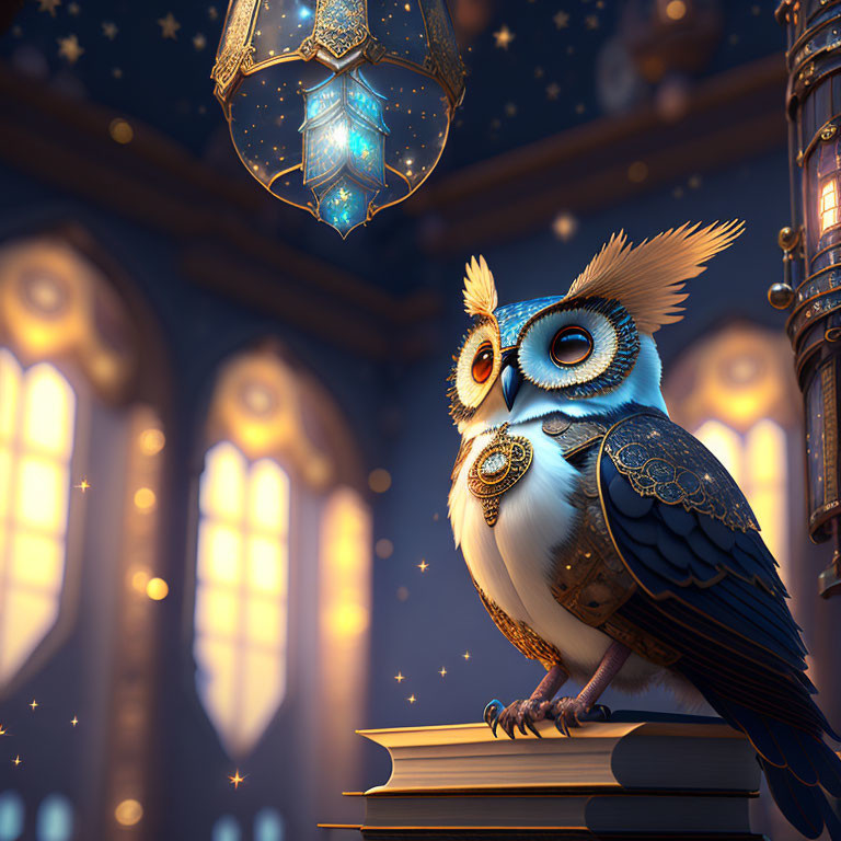 Intricately designed owl in enchanting library with lanterns and stars