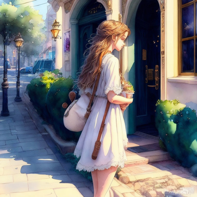 Young woman in white dress with plant and shoulder bag on sunny street