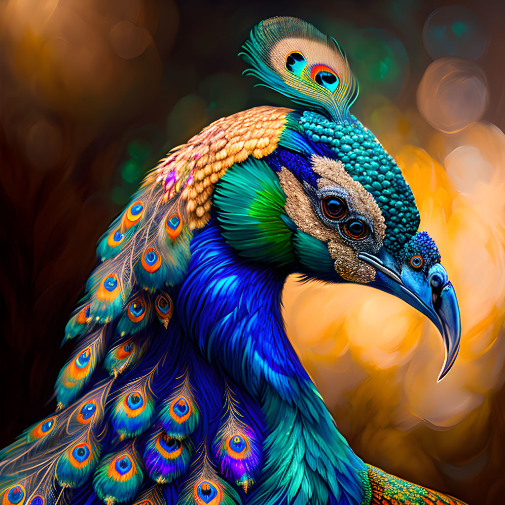 Colorful Peacock with Blue and Green Plumage on Amber Background