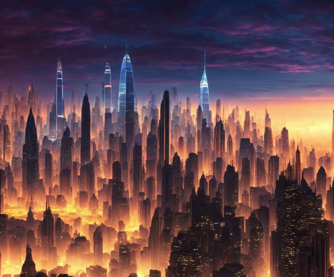 Futuristic cityscape with towering skyscrapers at sunset