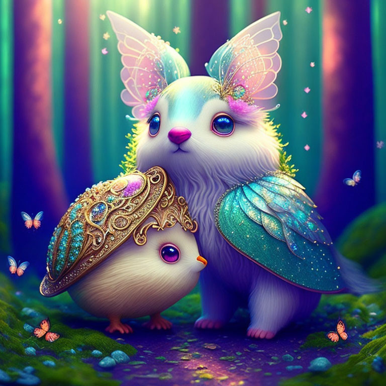 Fantastical Creatures with Delicate Wings in Enchanted Forest