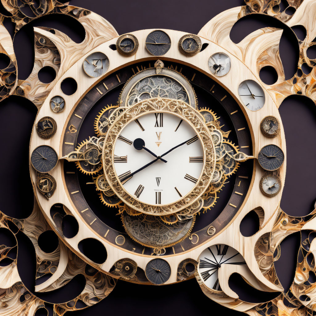 Intricate Wooden Clock with Roman Numerals and Visible Gears