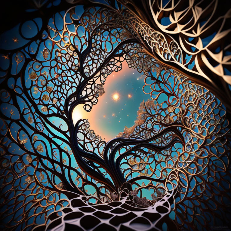 Intricate fractal tree against starry sky: fantasy-themed design