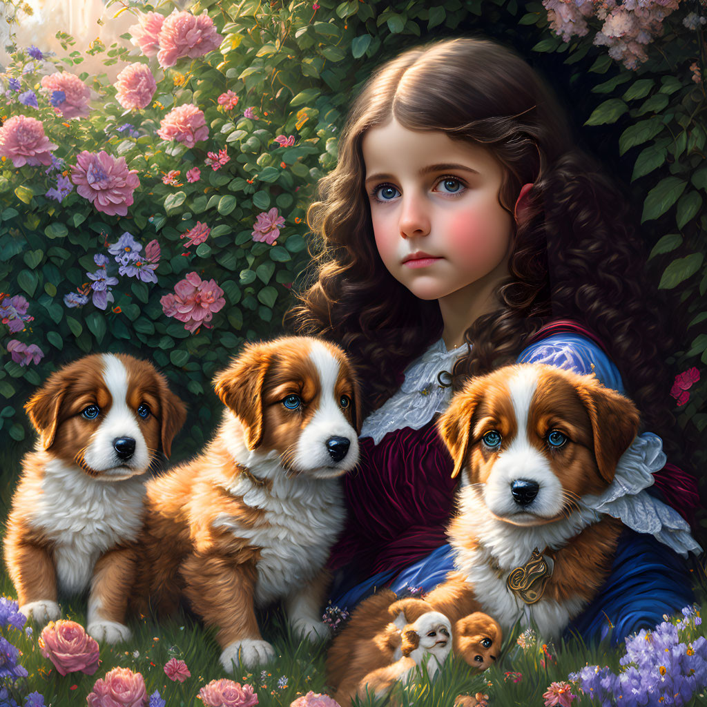 Young girl with curly hair surrounded by roses, Bernese Mountain Dog puppies, and a kitten.